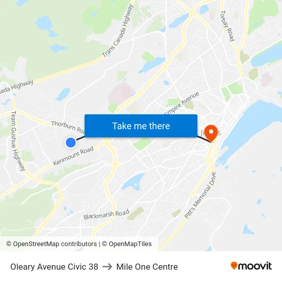 Oleary Avenue Civic 38 to Mile One Centre map