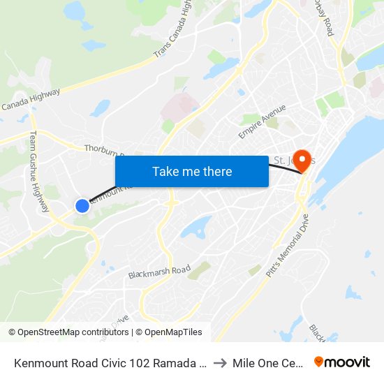 Kenmount Road Civic 102 Ramada Hotel to Mile One Centre map