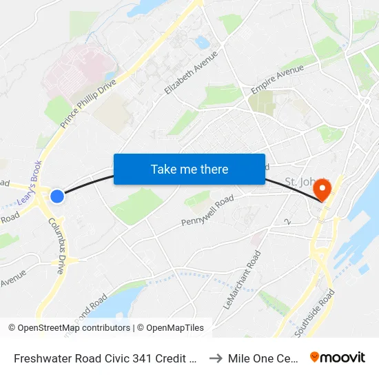 Freshwater Road Civic 341 Credit Union to Mile One Centre map