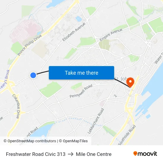 Freshwater Road Civic 313 to Mile One Centre map