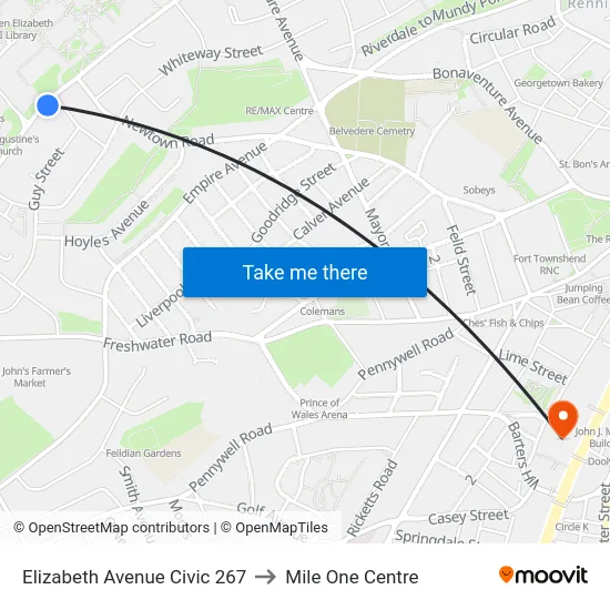Elizabeth Avenue Civic 267 to Mile One Centre map