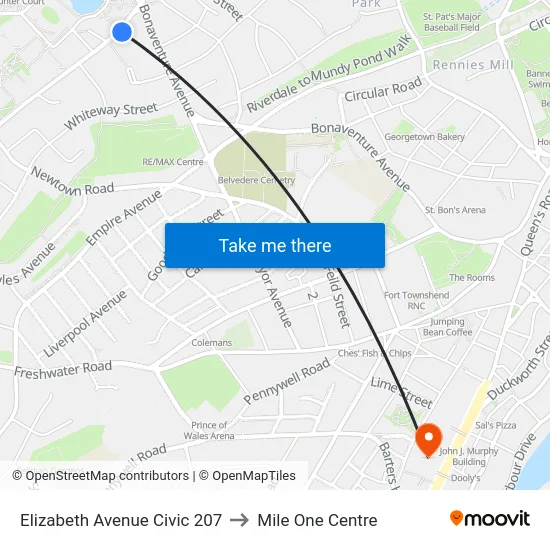 Elizabeth Avenue Civic 207 to Mile One Centre map
