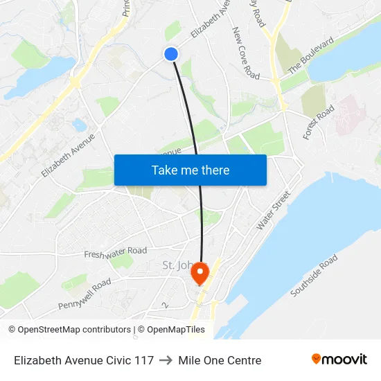 Elizabeth Avenue Civic 117 to Mile One Centre map