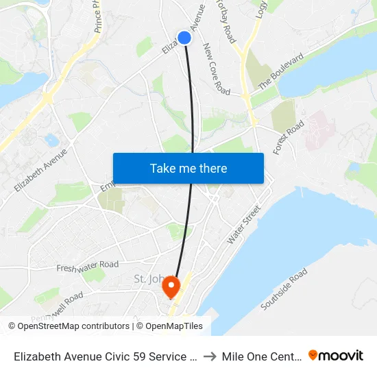 Elizabeth Avenue Civic 59 Service Nl to Mile One Centre map