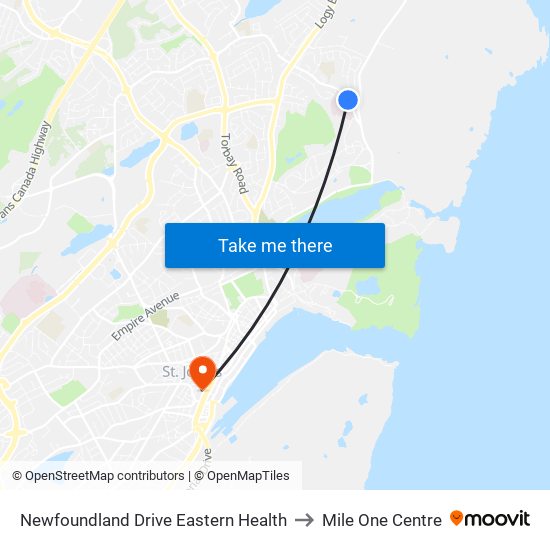 Newfoundland Drive Eastern Health to Mile One Centre map