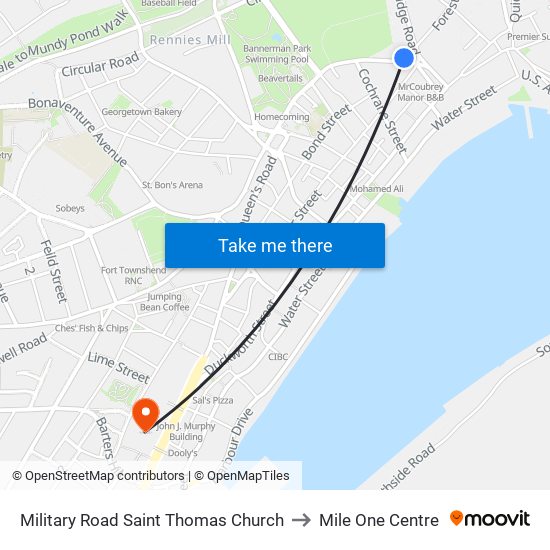 Military Road Saint Thomas Church to Mile One Centre map