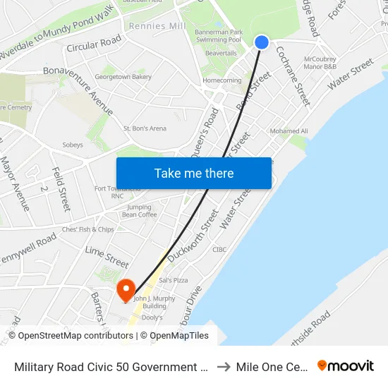 Military Road Civic 50 Government House to Mile One Centre map