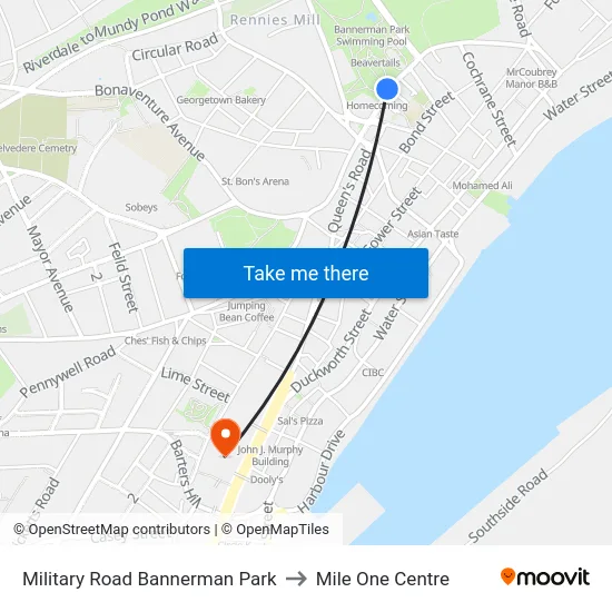 Military Road Bannerman Park to Mile One Centre map