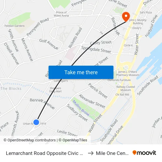 Lemarchant Road Opposite Civic 331 to Mile One Centre map