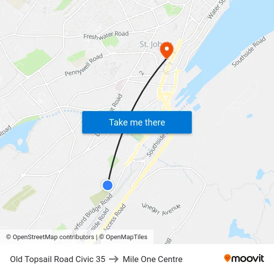 Old Topsail Road Civic 35 to Mile One Centre map