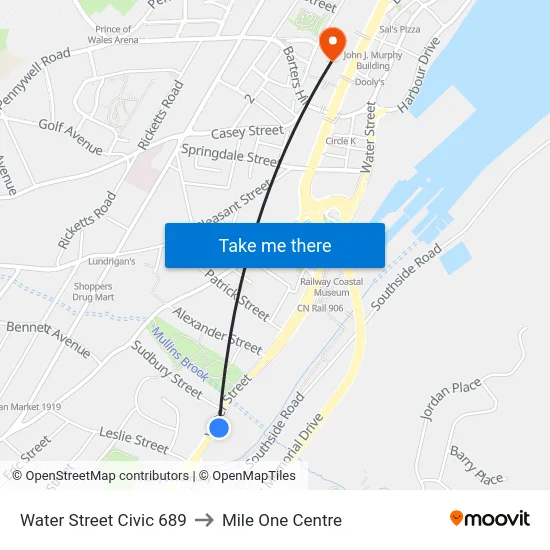 Water Street Civic 689 to Mile One Centre map