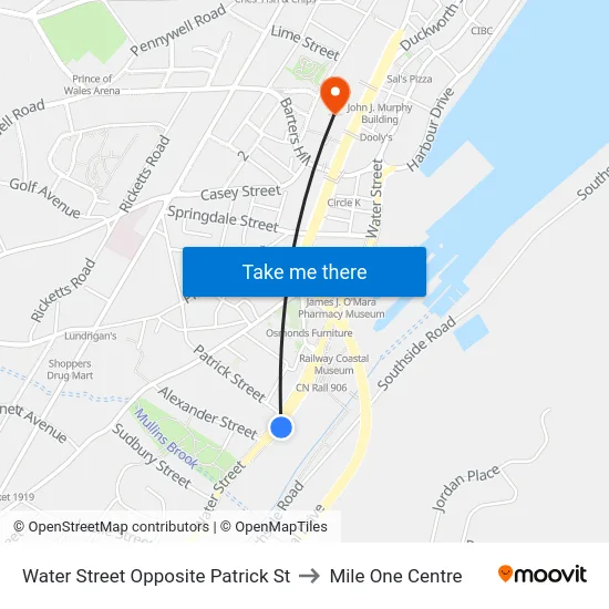 Water Street Opposite Patrick St to Mile One Centre map