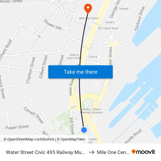 Water Street Civic 495 Railway Museum to Mile One Centre map