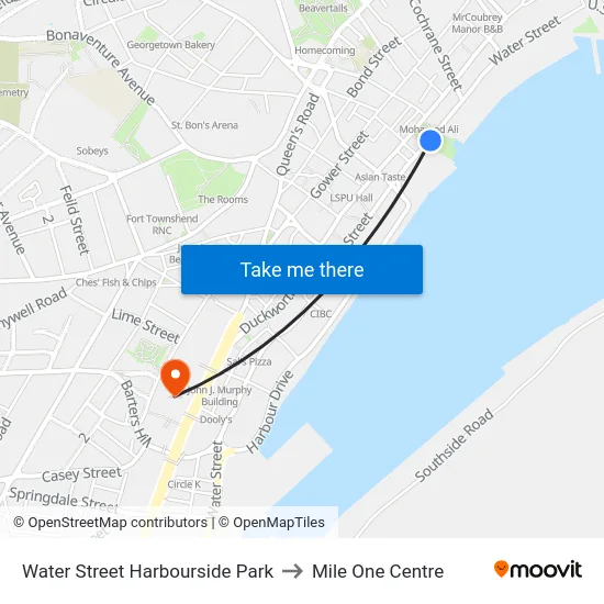 Water Street Harbourside Park to Mile One Centre map