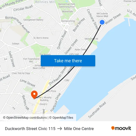 Duckworth Street Civic 115 to Mile One Centre map