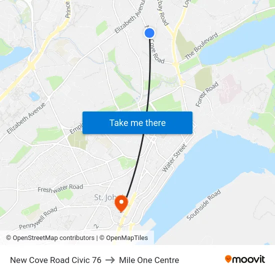 New Cove Road Civic 76 to Mile One Centre map