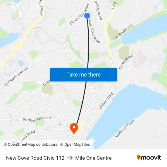 New Cove Road Civic 112 to Mile One Centre map