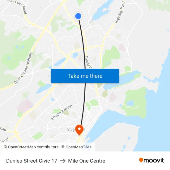 Dunlea Street Civic 17 to Mile One Centre map