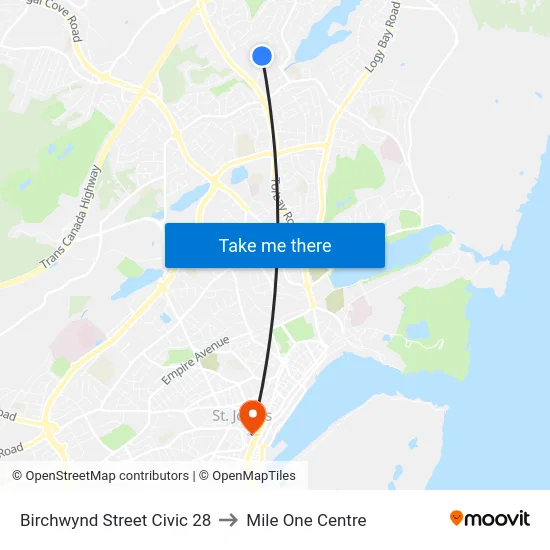 Birchwynd Street Civic 28 to Mile One Centre map