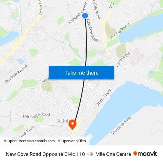 New Cove Road Opposite Civic 110 to Mile One Centre map