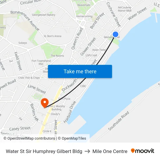 Water St Sir Humphrey Gilbert Bldg to Mile One Centre map