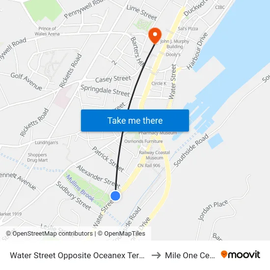 Water Street Opposite Oceanex Terminal 2 to Mile One Centre map