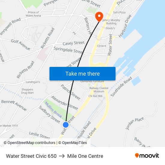 Water Street Civic 650 to Mile One Centre map