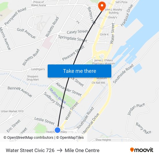 Water Street Civic 726 to Mile One Centre map