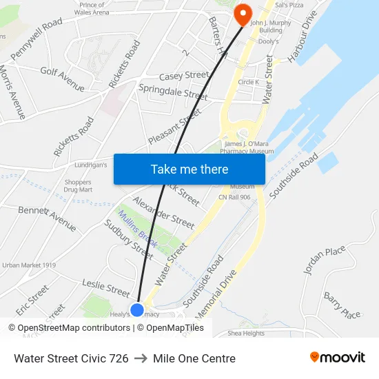 Water Street Civic 726 to Mile One Centre map