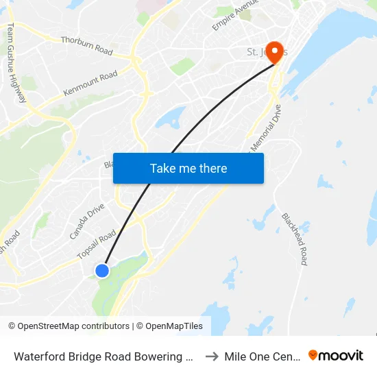 Waterford Bridge Road  Bowering Park to Mile One Centre map