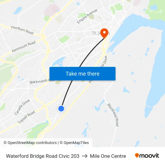 Waterford Bridge Road Civic 203 to Mile One Centre map