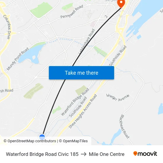 Waterford Bridge Road Civic 185 to Mile One Centre map