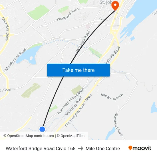 Waterford Bridge Road Civic 168 to Mile One Centre map