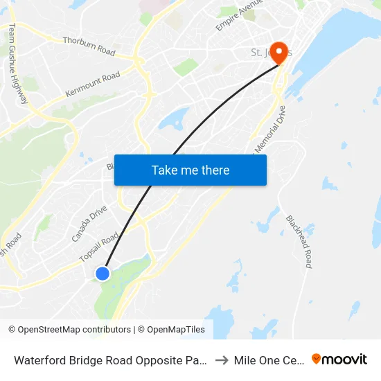 Waterford Bridge Road Opposite Park Road to Mile One Centre map