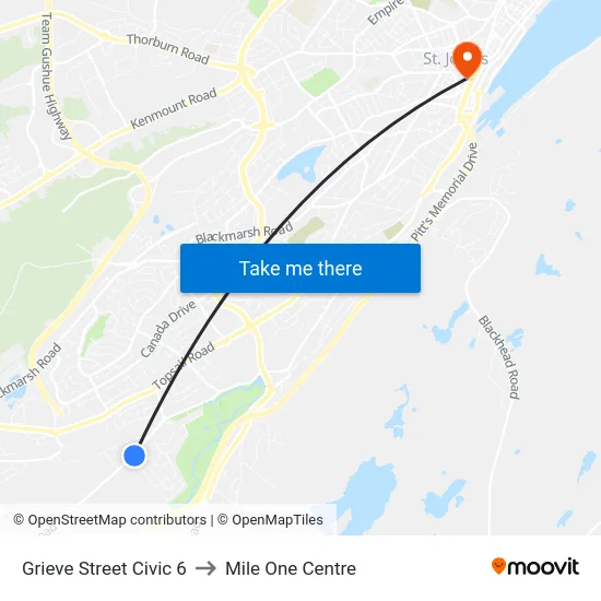 Grieve Street Civic 6 to Mile One Centre map
