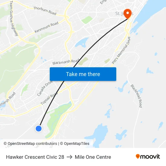 Hawker Crescent Civic 28 to Mile One Centre map