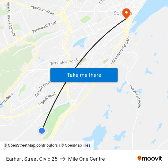 Earhart Street Civic 25 to Mile One Centre map