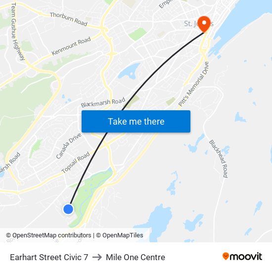 Earhart Street Civic 7 to Mile One Centre map