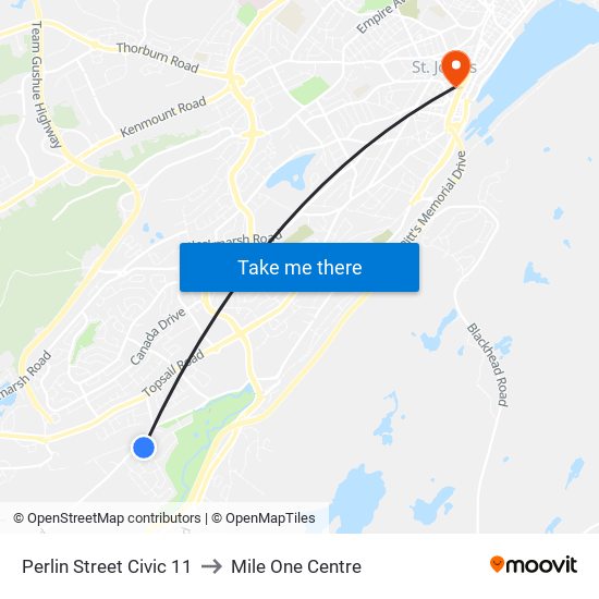 Perlin Street Civic 11 to Mile One Centre map