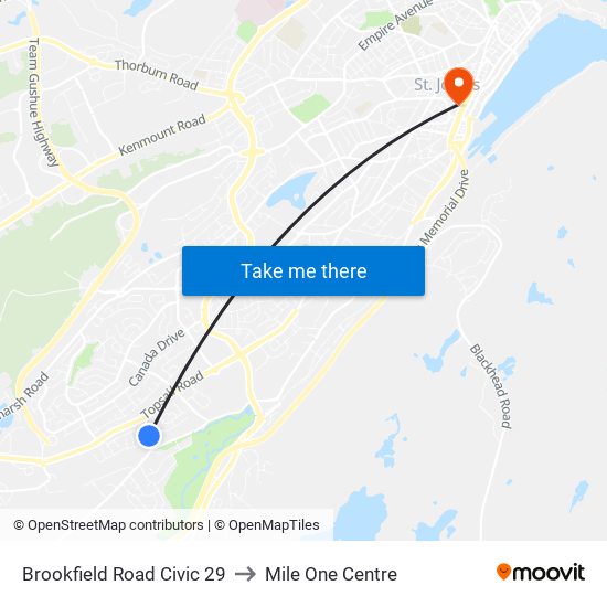 Brookfield Road Civic 29 to Mile One Centre map