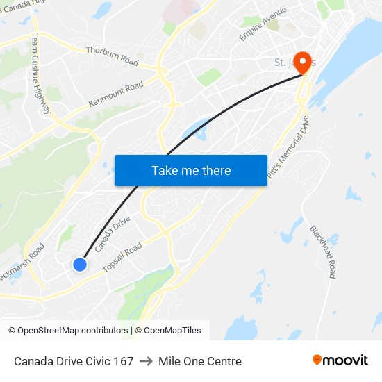 Canada Drive Civic 167 to Mile One Centre map