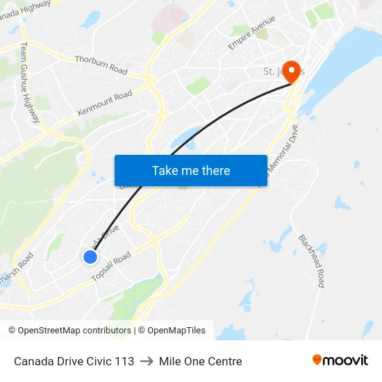 Canada Drive Civic 113 to Mile One Centre map