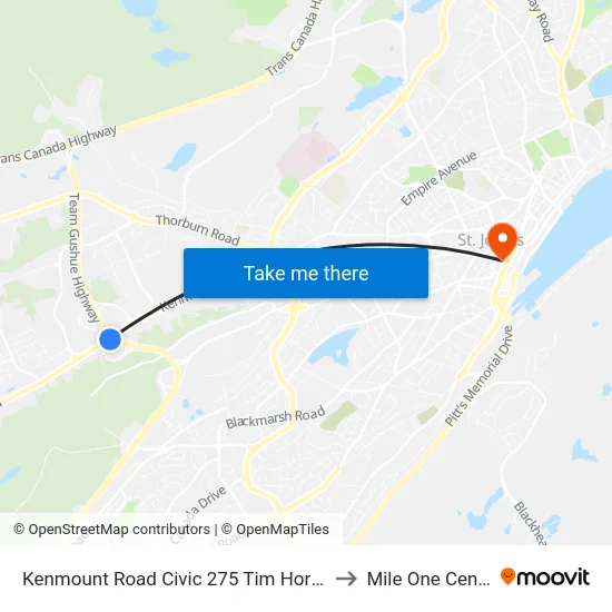Kenmount Road Civic 275 Tim Hortons to Mile One Centre map