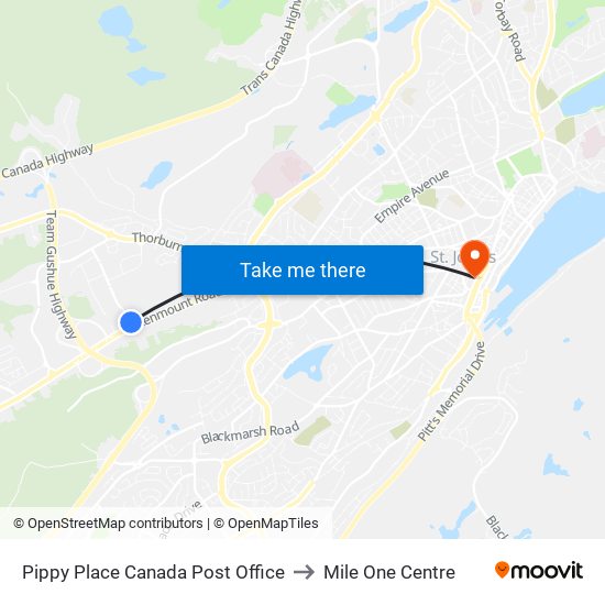 Pippy Place Canada Post Office to Mile One Centre map