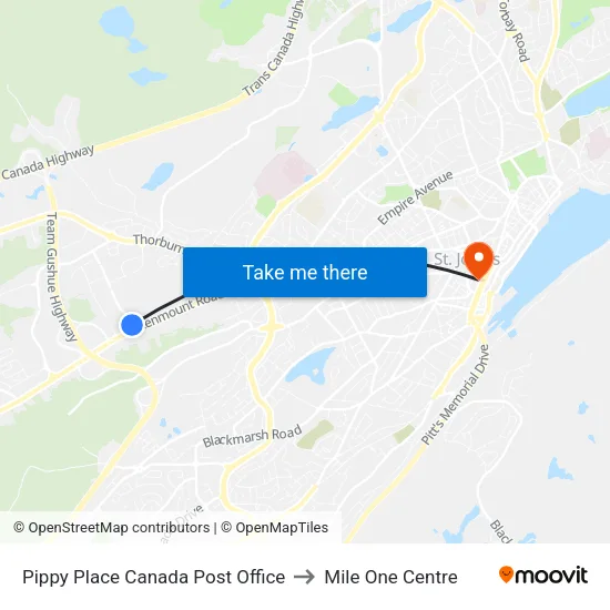 Pippy Place Canada Post Office to Mile One Centre map