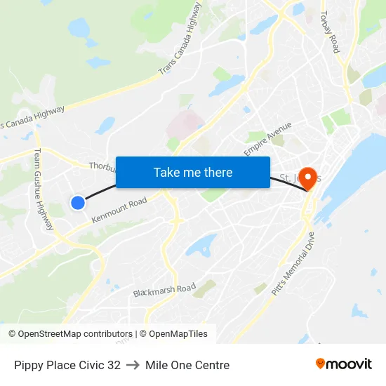 Pippy Place Civic 32 to Mile One Centre map