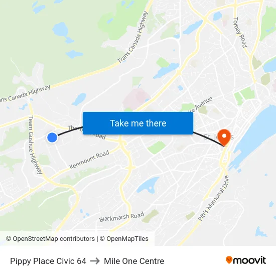 Pippy Place Civic 64 to Mile One Centre map