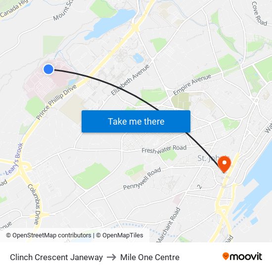 Clinch Crescent Janeway to Mile One Centre map