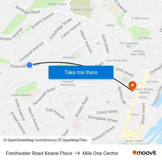 Freshwater Road Keane Place to Mile One Centre map