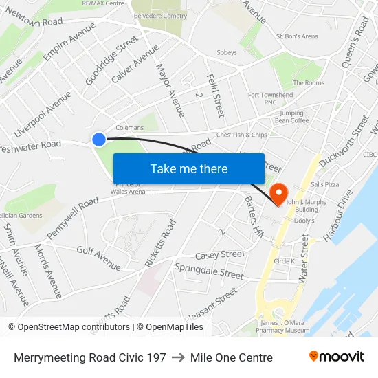 Merrymeeting Road Civic 197 to Mile One Centre map